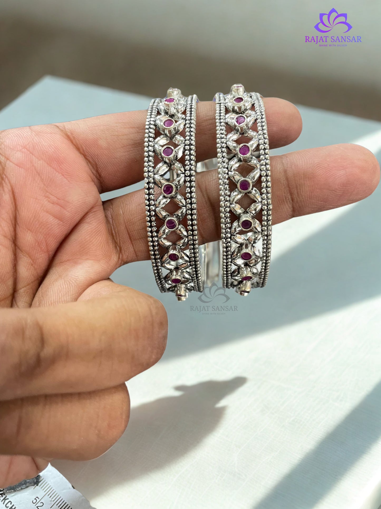 92.5 Antique Floral Silver Bangles with Ruby Red Cut Stones