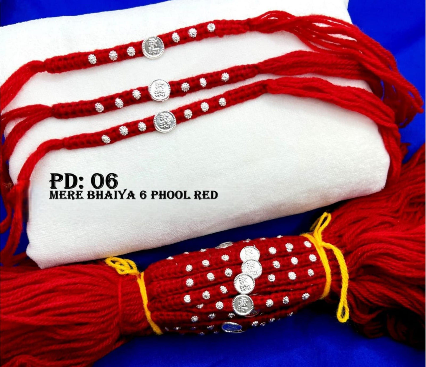 Silver Rakhi- Mere Bhaiya 6 Phool Red