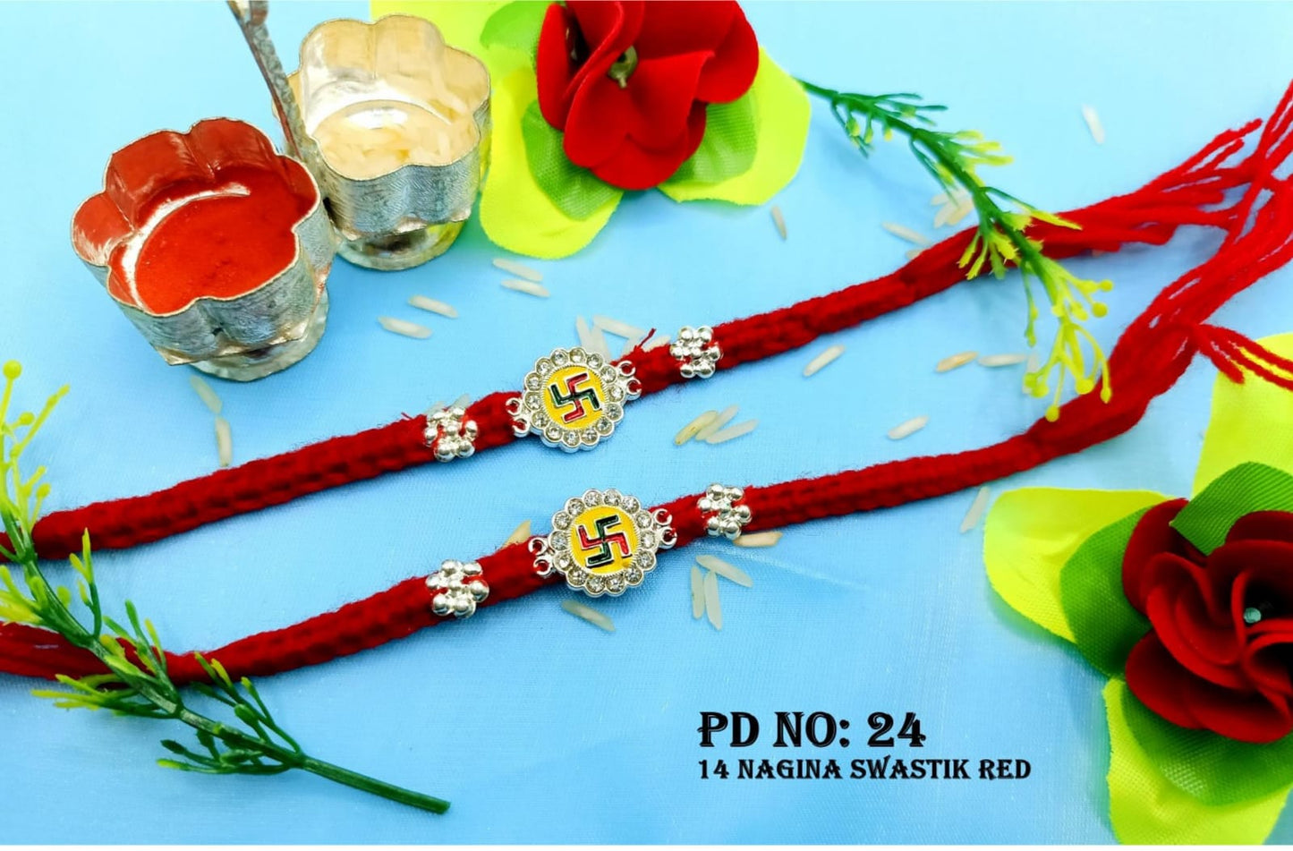 Silver Rakhi-14 Nagina Swastik Red