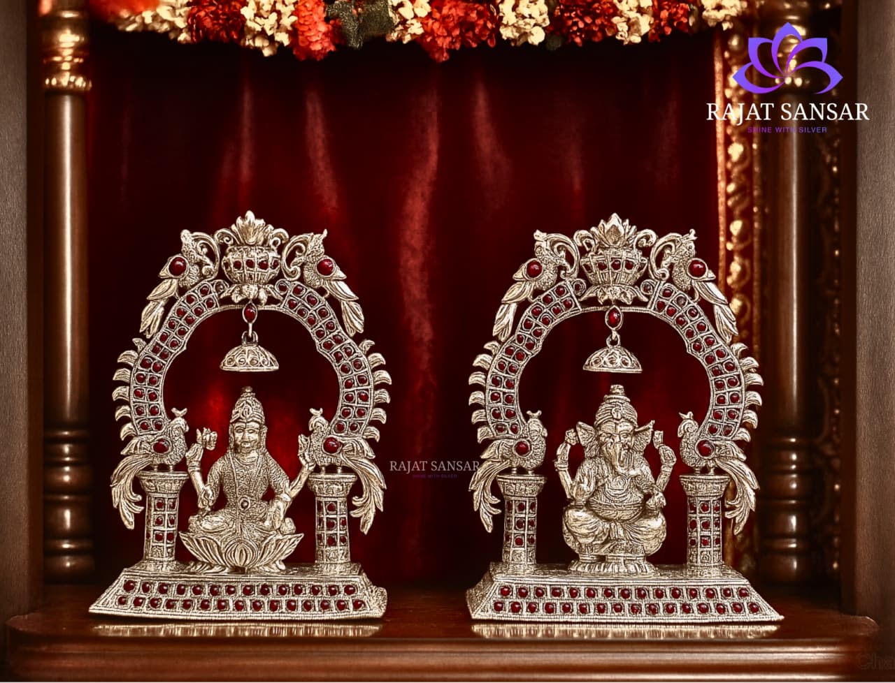 92.5 Silver Laxmi & Ganesh Ji Idol with Ruby Stone Work