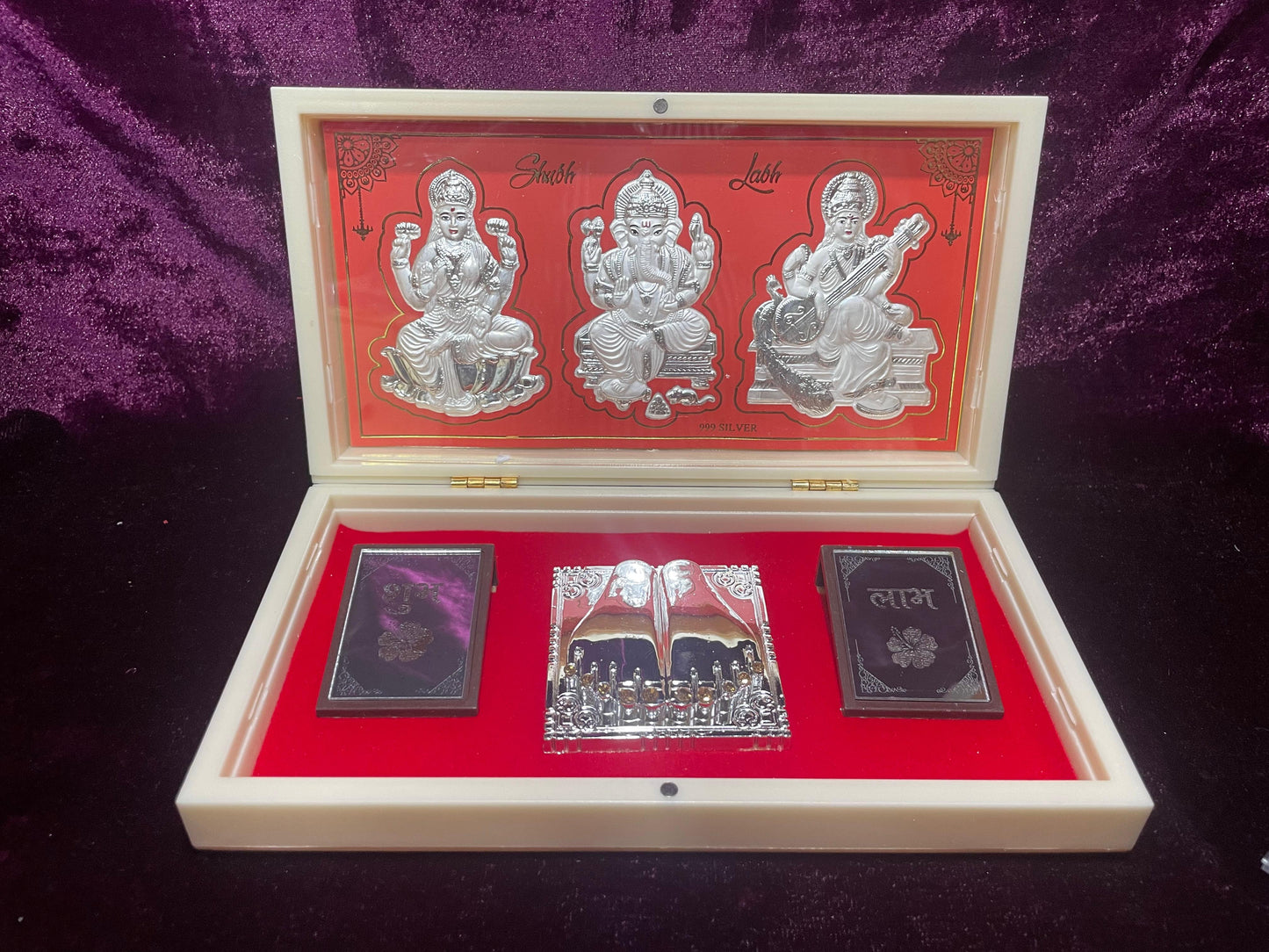 Silver Pooja Box – Saraswati, Laxmi & Ganesh Ji Blessings in One