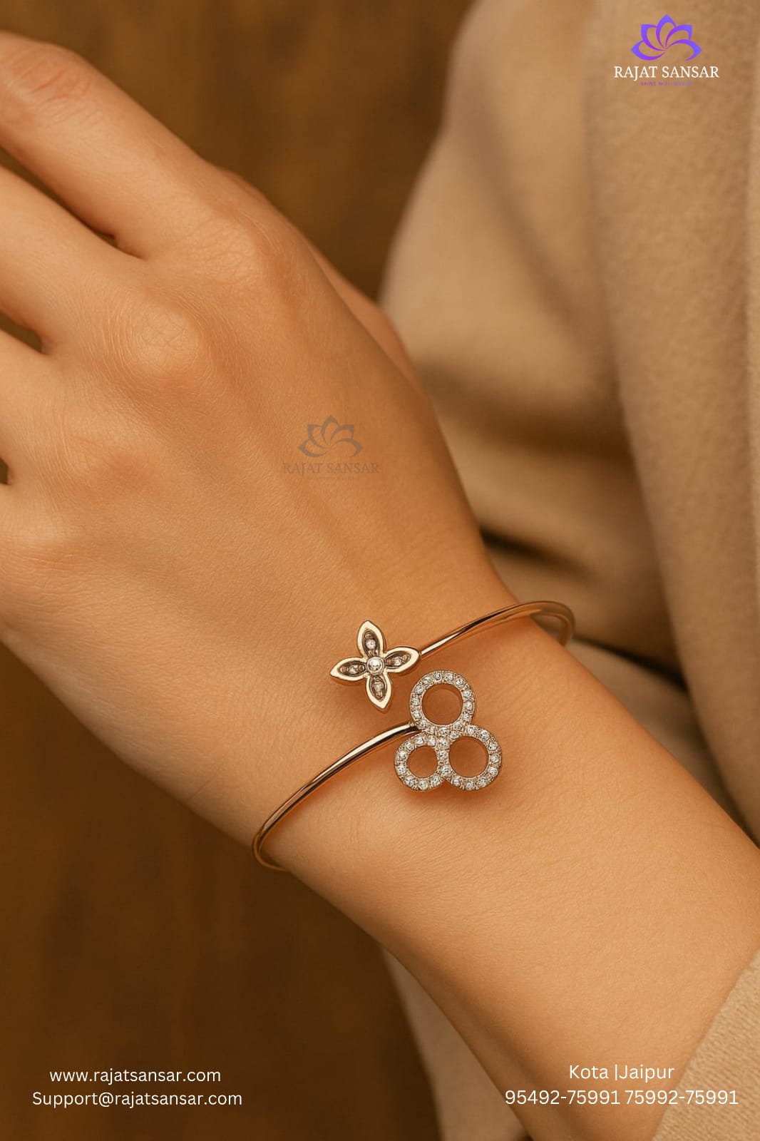 Silver Rose Gold Single Hand Bangle - Flower Ring