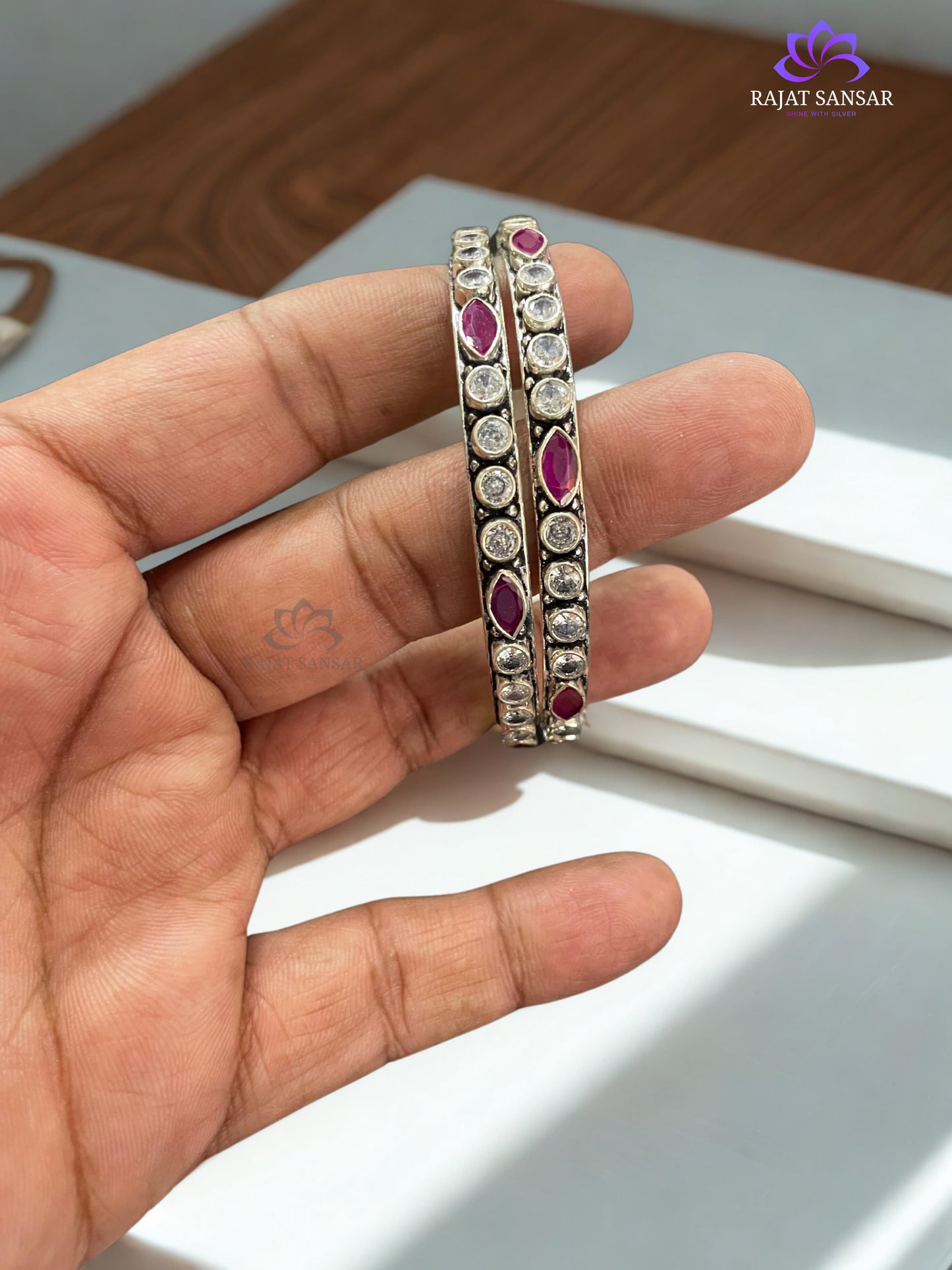 92.5 Royal Silver Bangles with Circular & Marquise Cut Stones
