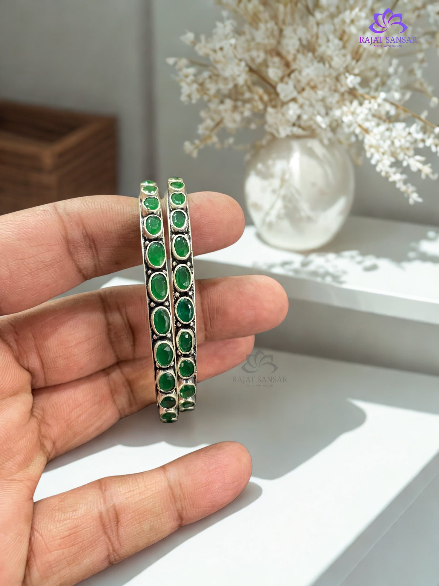 92.5 Dual-Row Green Oval Cut Stone Silver Bangles