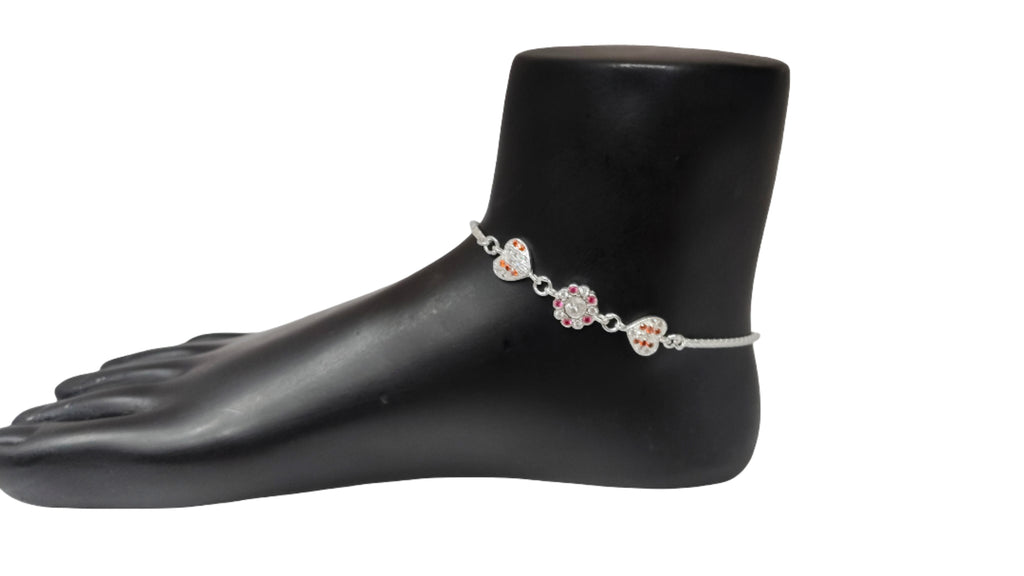 92.5 Sterling Silver Anklet with Heart & Flower Motifs