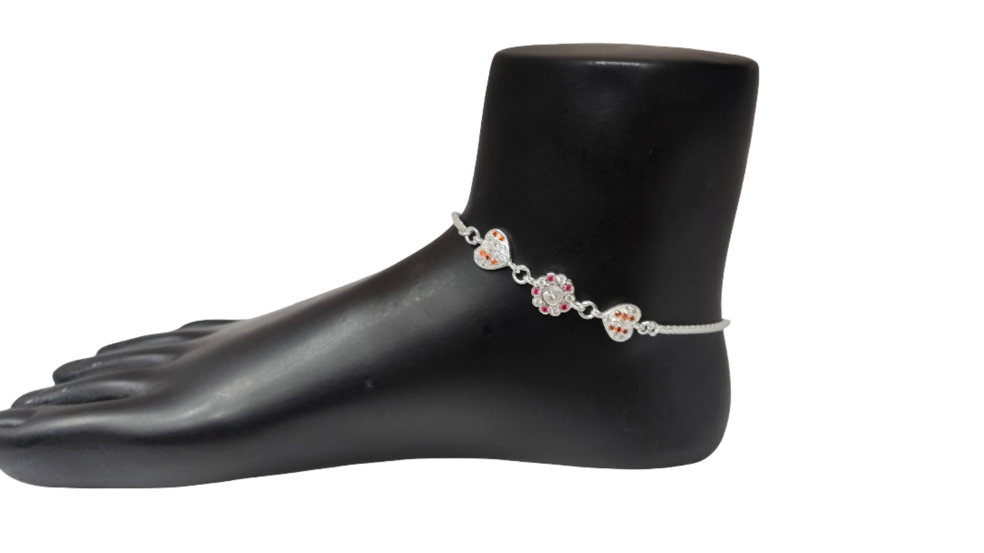 92.5 Sterling Silver Anklet with Heart & Flower Motifs