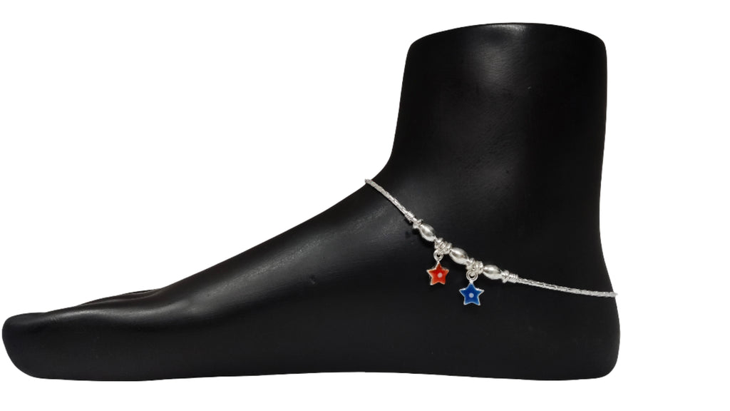 92.5 Sterling Silver Anklet with red & blue star charm
