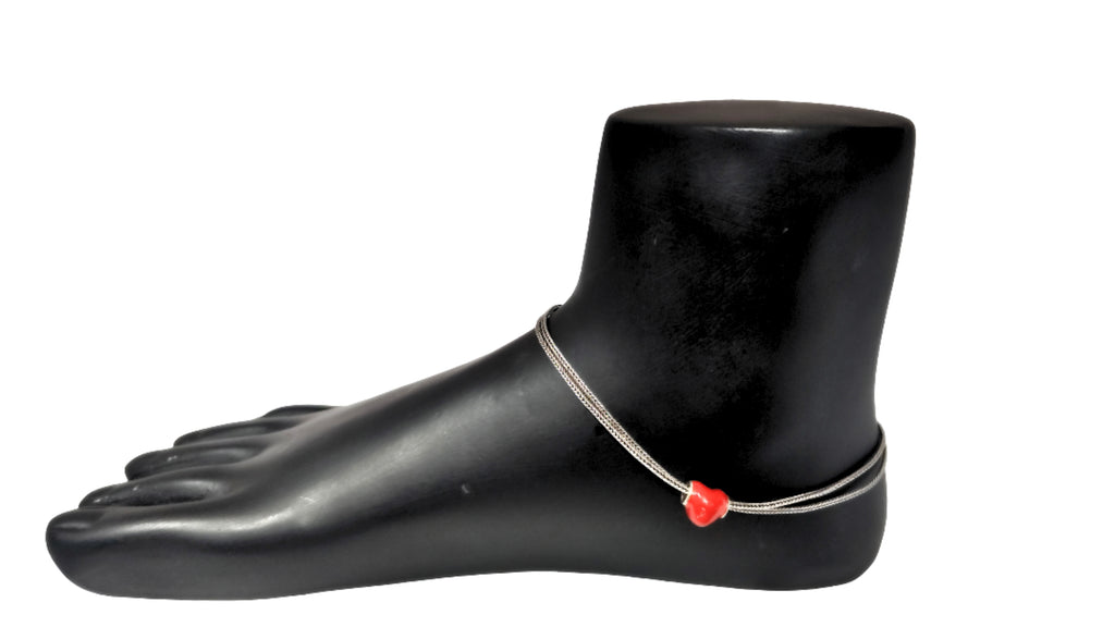 92.5 Italian Silver Anklet with Red Heart- Shaped