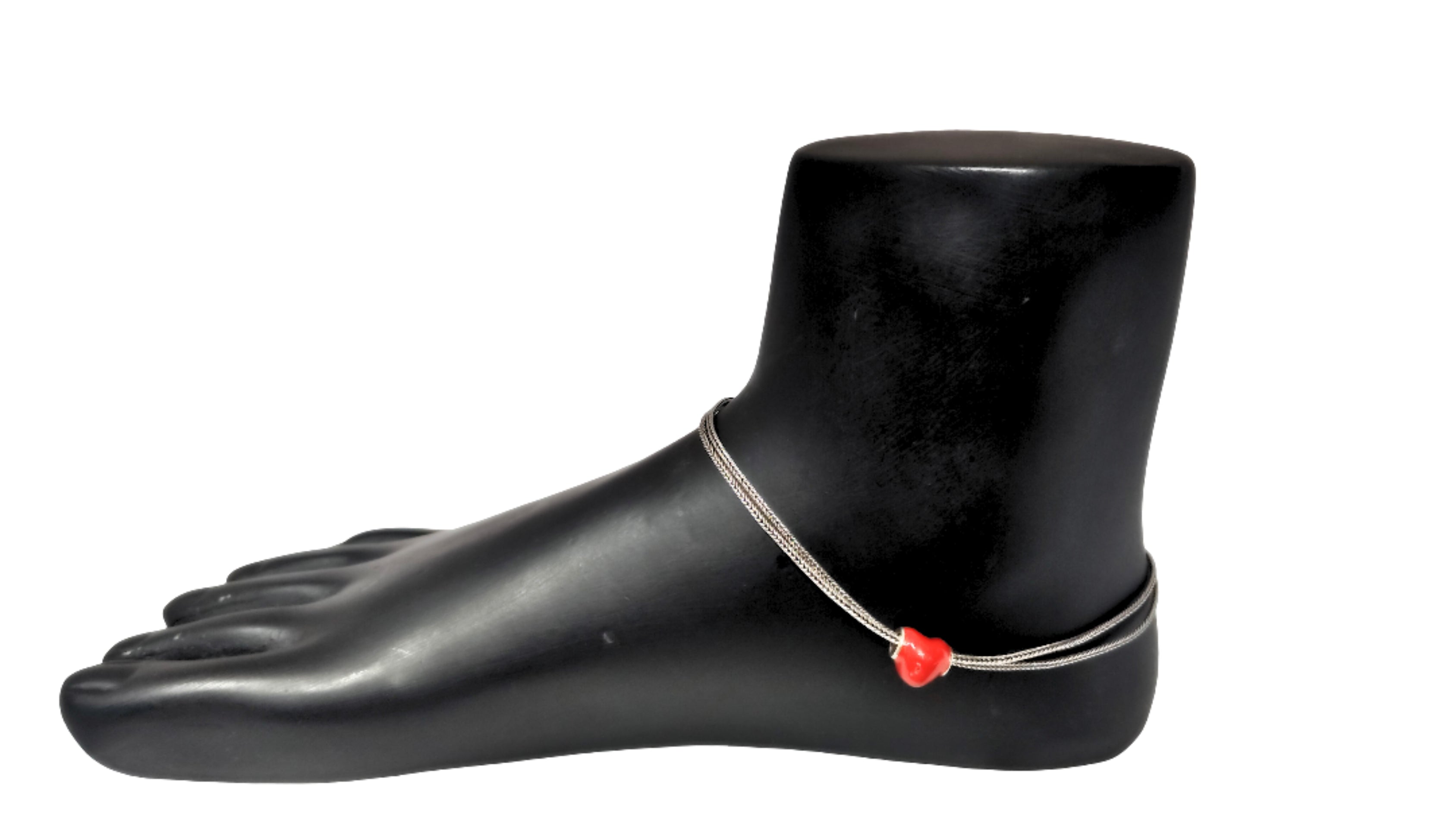 92.5 Italian Silver Anklet with Red Heart- Shaped