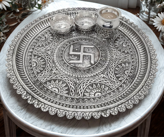 Silver Oxidized Pooja Thali – Traditional Devotional Set