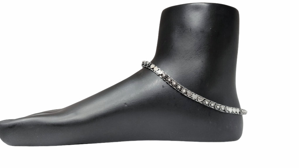 92.5 Sterling Silver Oxidized Anklet with Round & Star Motifs
