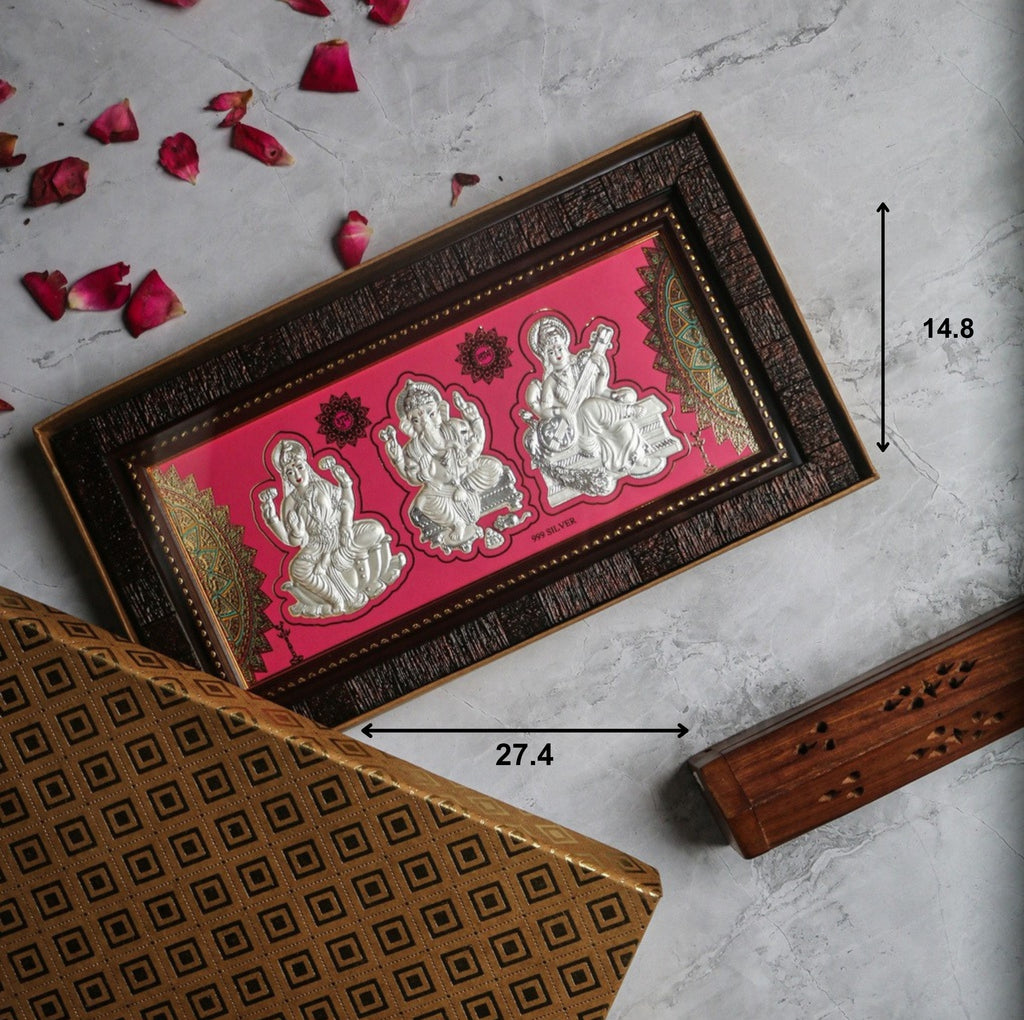 999 Pure Silver Lakshmi, Ganesh & Saraswati Ji Photo Frame (14 x 27cm)