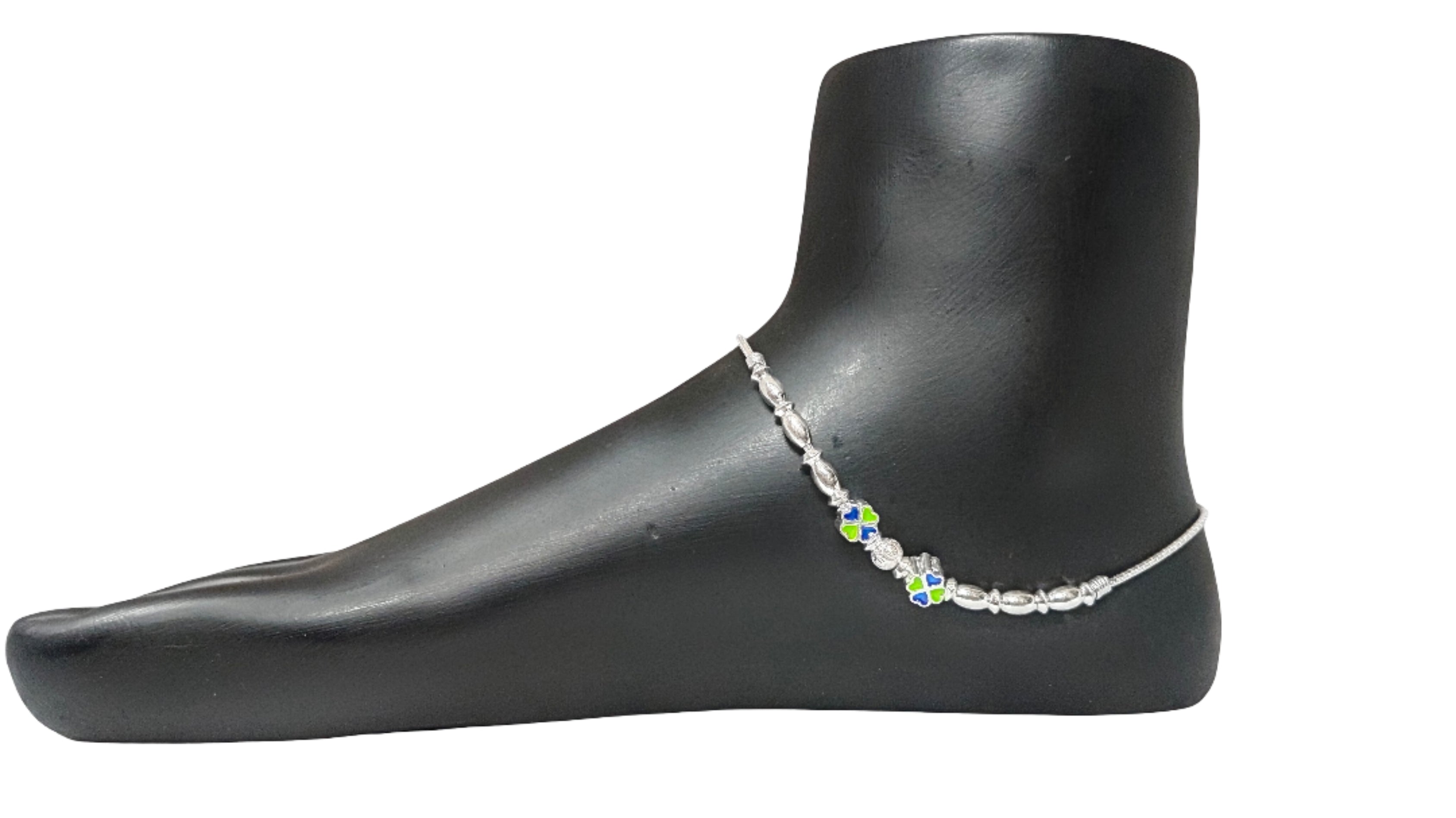 92.5 Italian Silver Anklet with Green & Blue Enamel Floral Designs