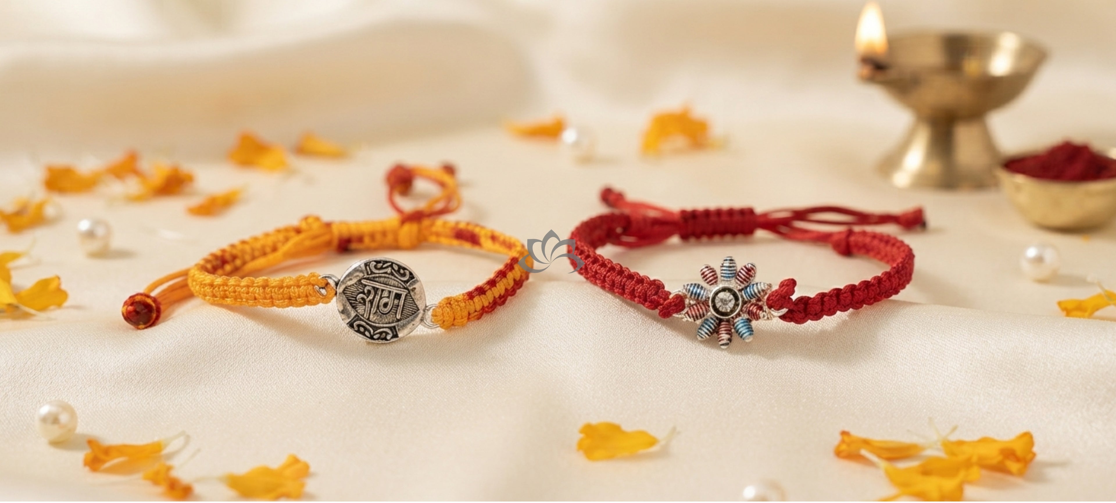 Silver Couple Rakhi Set- Ram & Floral Combo - Pack of 2 Rakhi