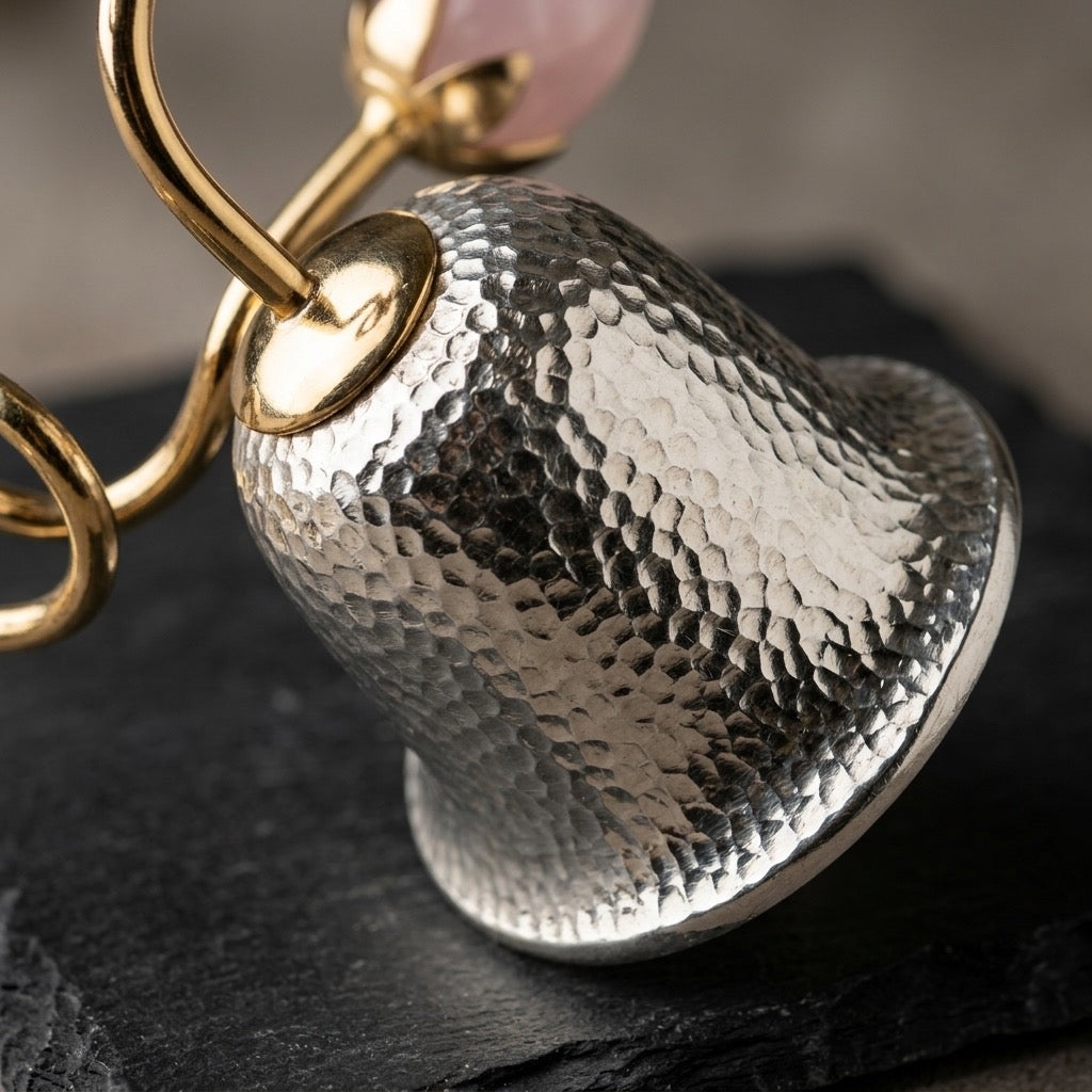 92.5 Silver Temple Bell with Copper Stem & Rose Quartz Crown | Spiritual Healing Bell