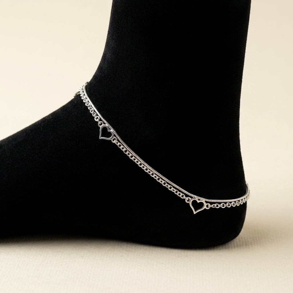 92.5 Italian Silver-toned Double-chain anklet with a heart charm