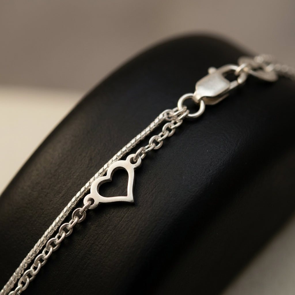 92.5 Italian Silver-toned Double-chain anklet with a heart charm