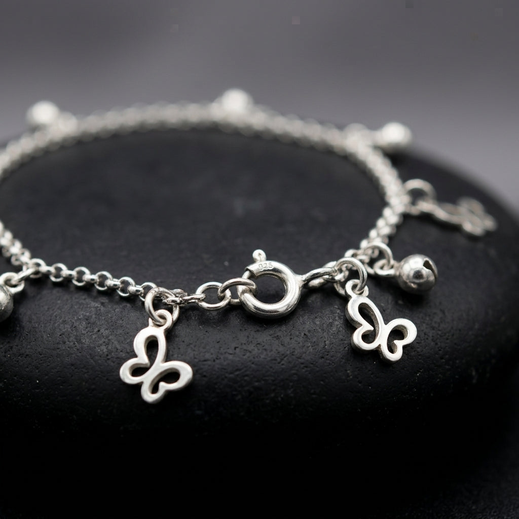 92.5 Italian Silver Anklet with Butterfly & Small Bell