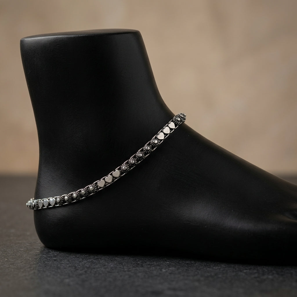 92.5 Sterling Silver Oxidized Anklet with Round & Star Motifs