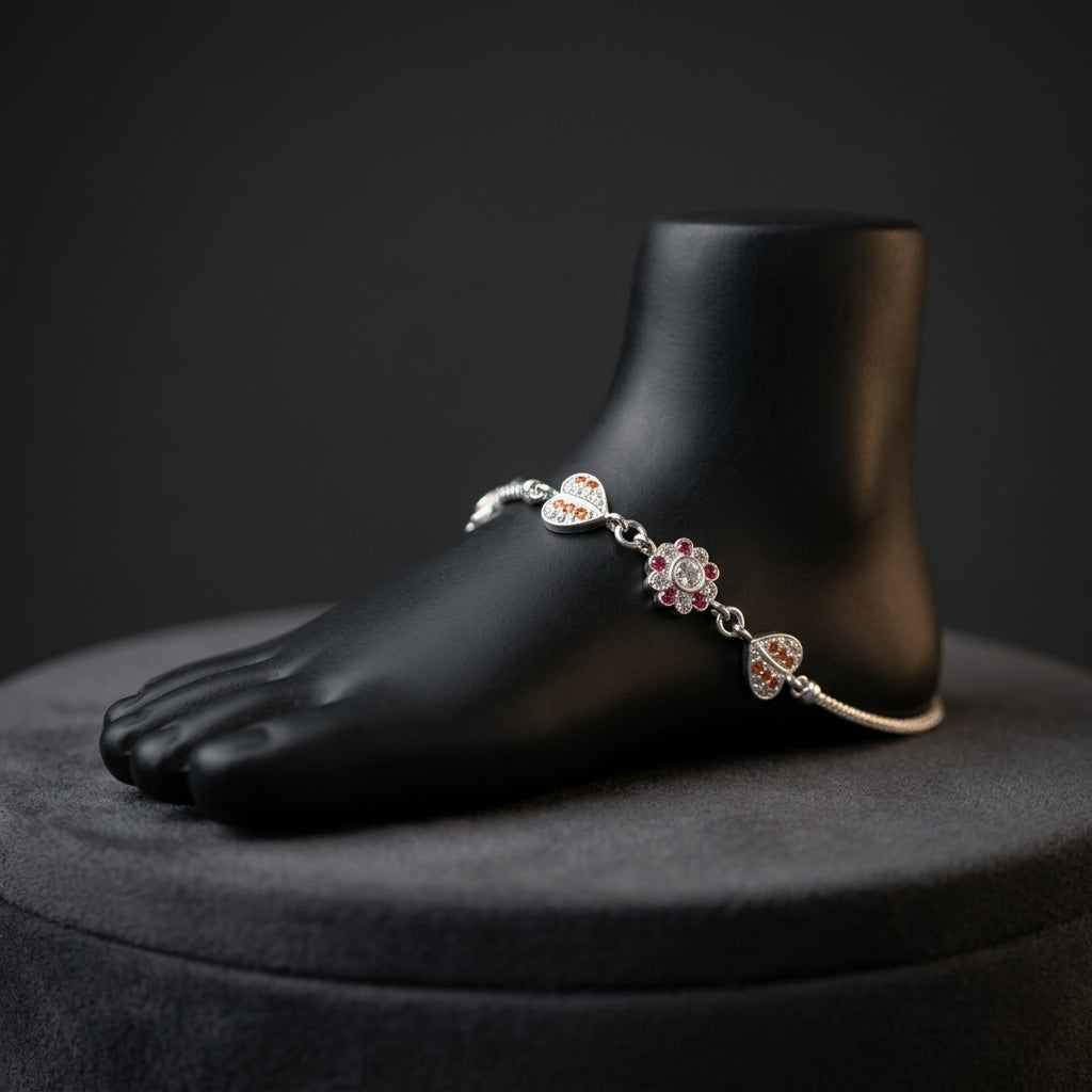 92.5 Sterling Silver Anklet with Heart & Flower Motifs