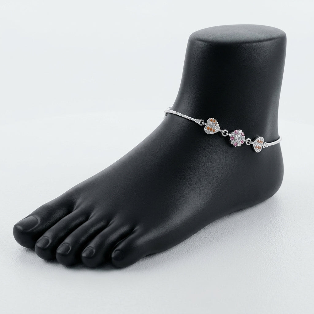 92.5 Sterling Silver Anklet with Heart & Flower Motifs