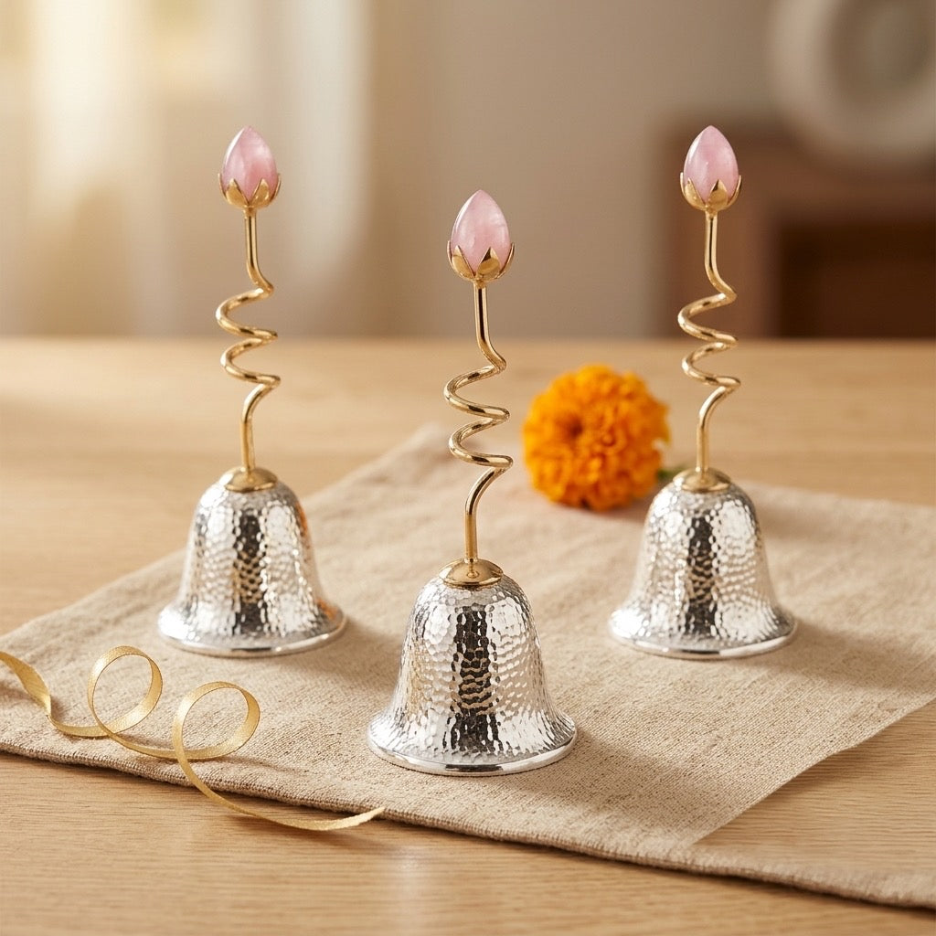 92.5 Silver Temple Bell with Copper Stem & Rose Quartz Crown | Spiritual Healing Bell