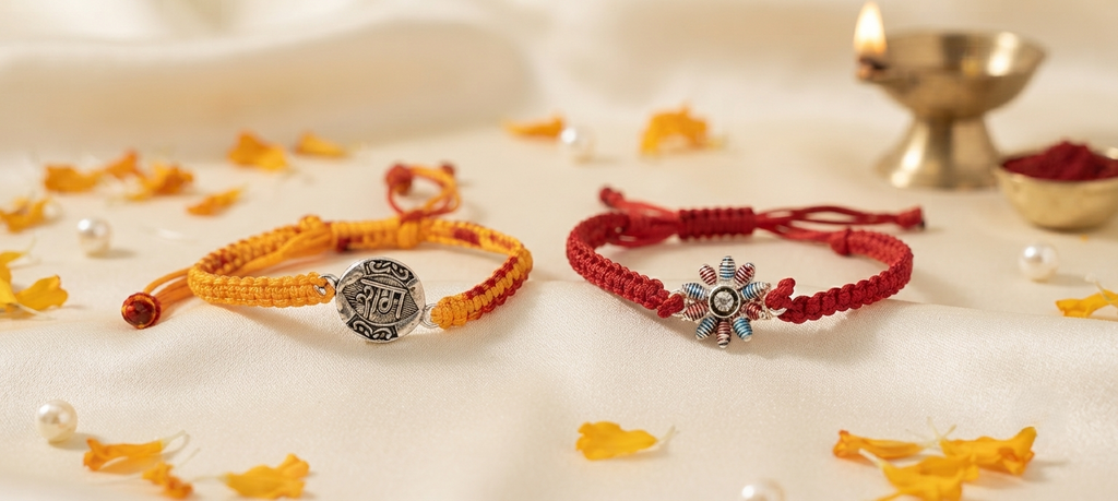 Silver Couple Rakhi Set- Ram & Floral Combo - Pack of 2 Rakhi