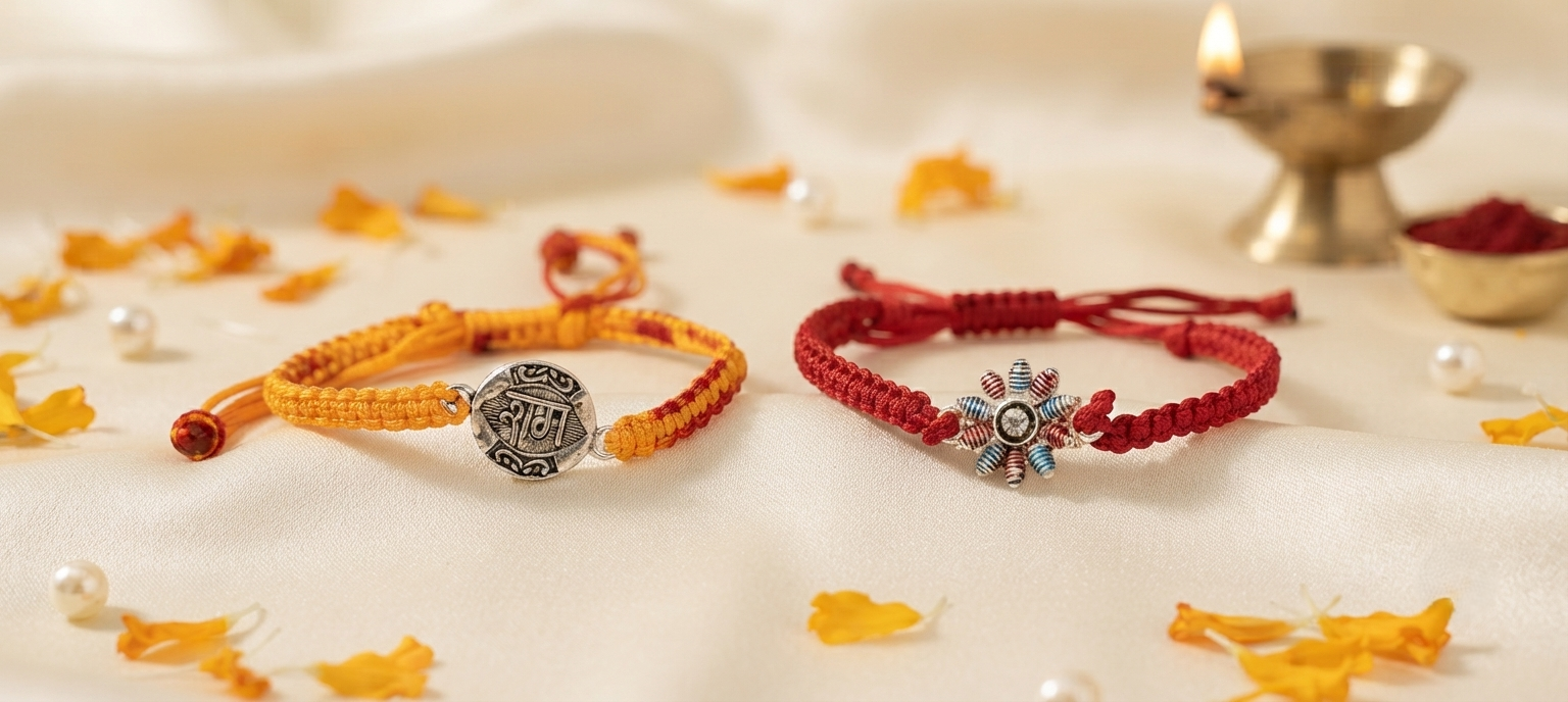 Silver Couple Rakhi Set- Ram & Floral Combo - Pack of 2 Rakhi