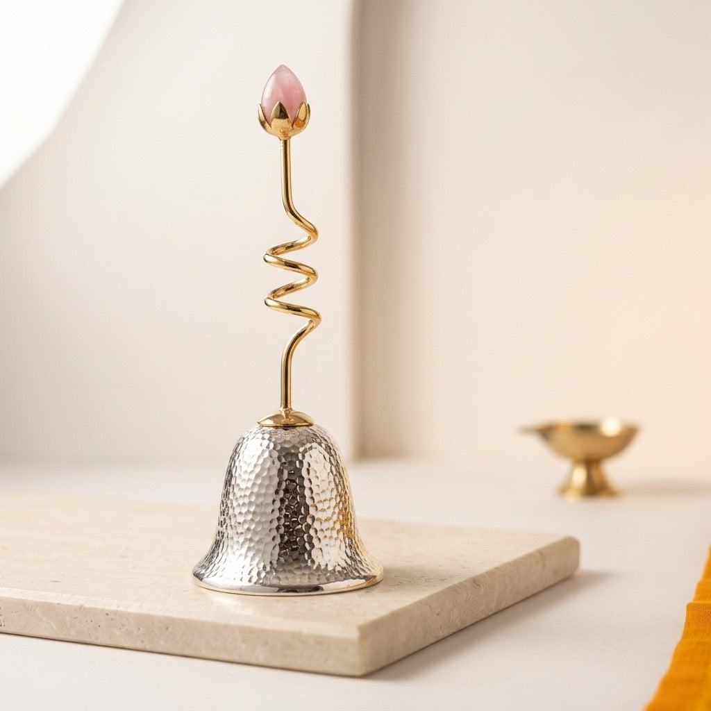 92.5 Silver Temple Bell with Copper Stem & Rose Quartz Crown | Spiritual Healing Bell