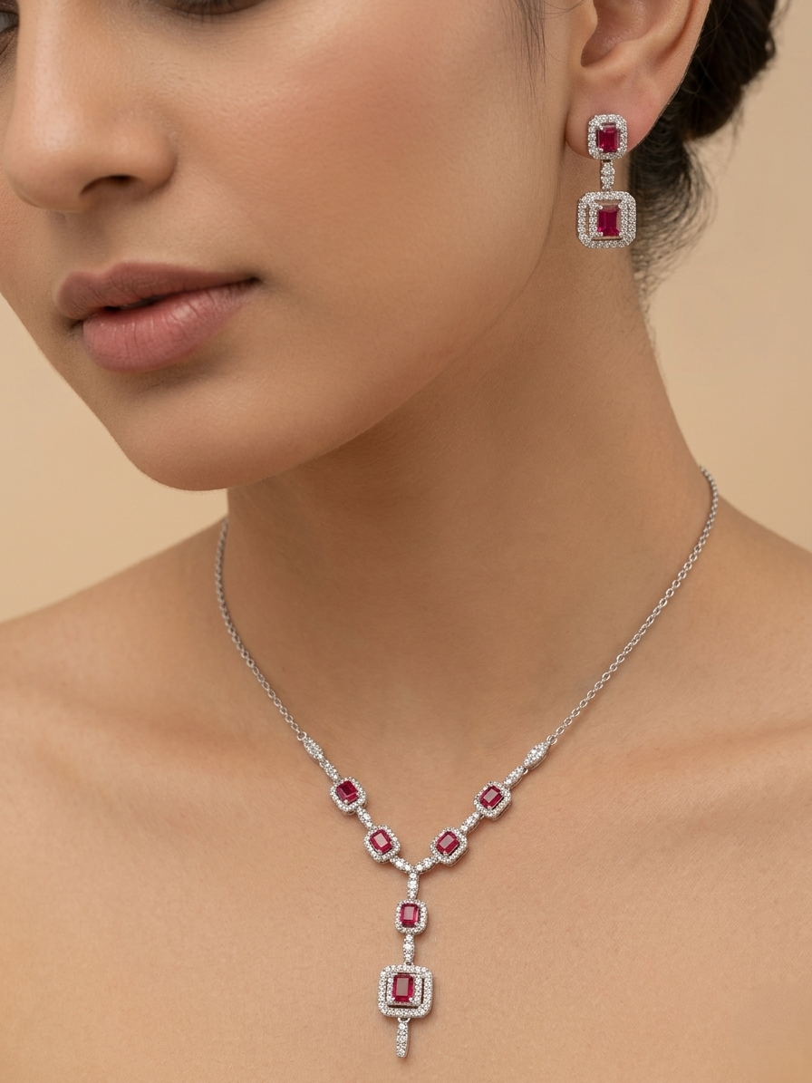 92.5 Sterling Silver Red & White American Diamond Necklace Set
