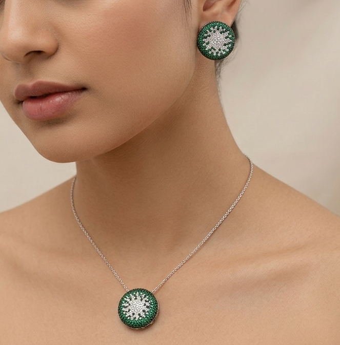 92.5 Sterling Silver Floral / Starburst-Inspired Pendant Set