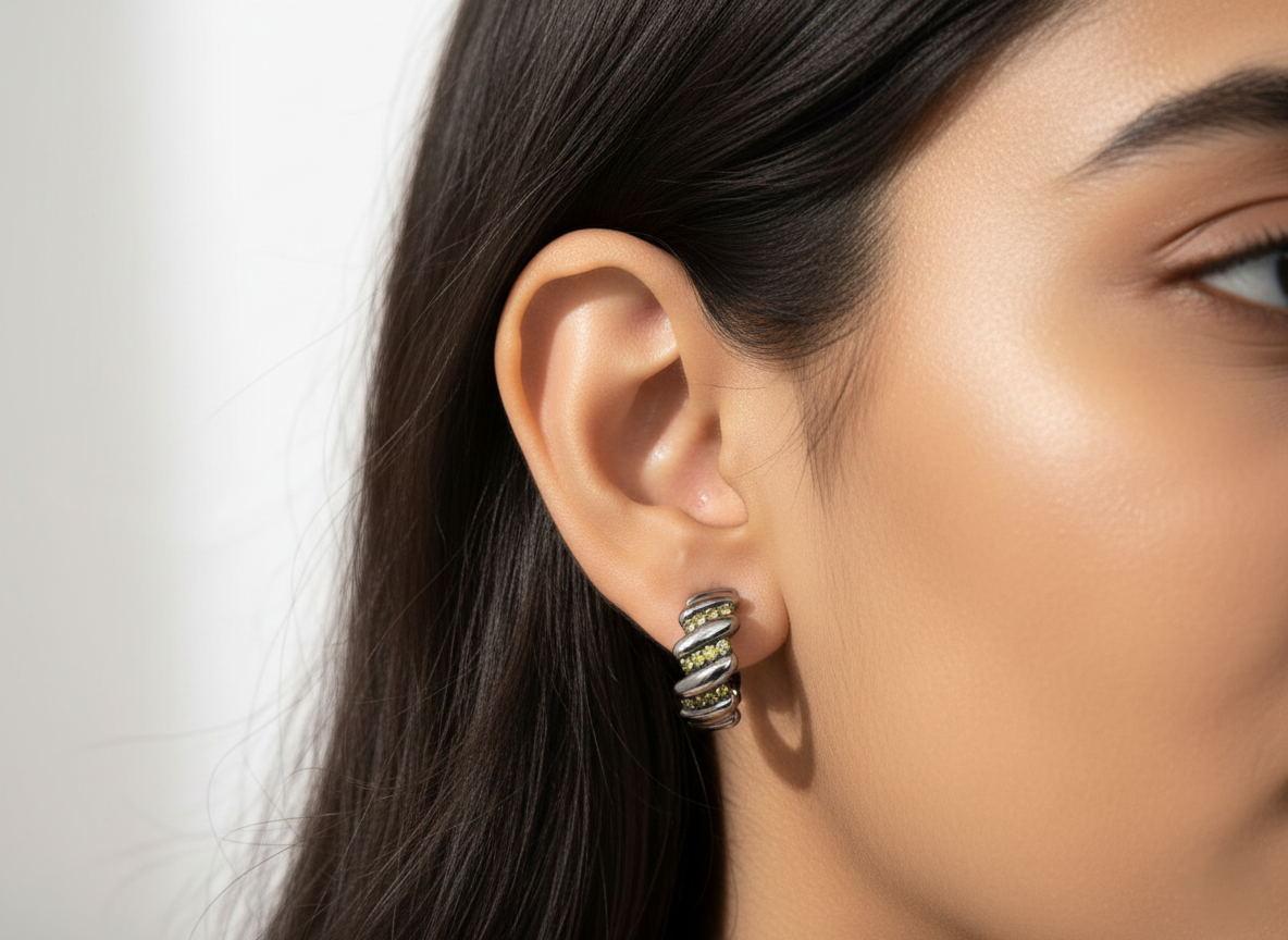 92.5 Sterling Silver Hoops with Yellow Stone Earring