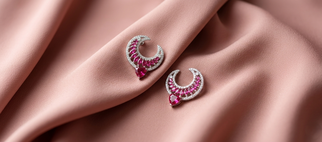 92.5 Sterling Silver half-moon Ruby Stone Hoop Earring