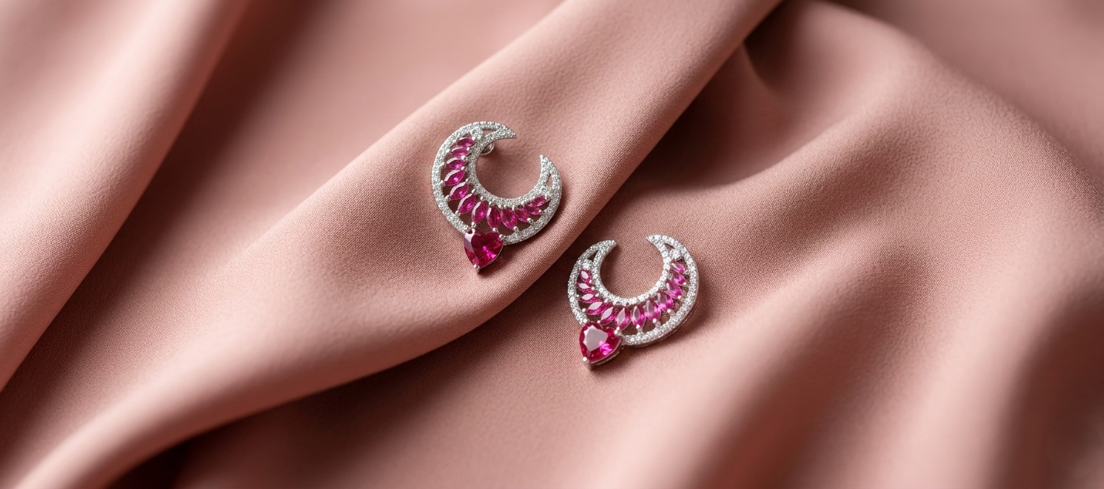 92.5 Sterling Silver half-moon Ruby Stone Hoop Earring