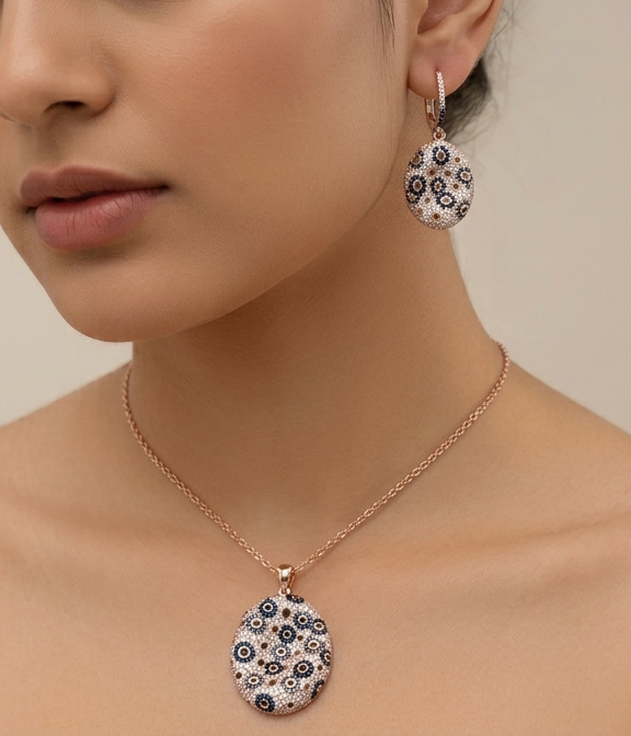 92.5 Silver rose gold finish Mosaic-style Pattern Pendant Set