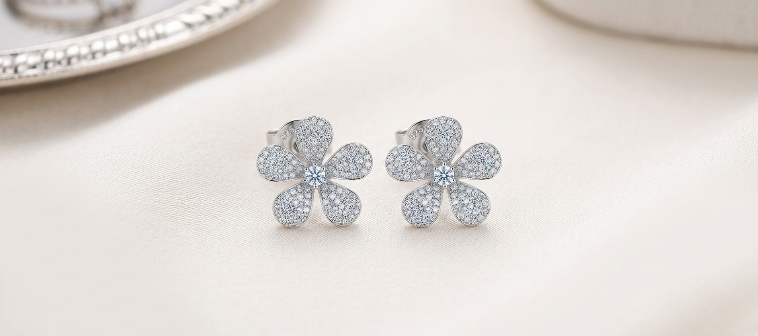 92.5 Sterling Silver-Tone Flower-Shaped Stud