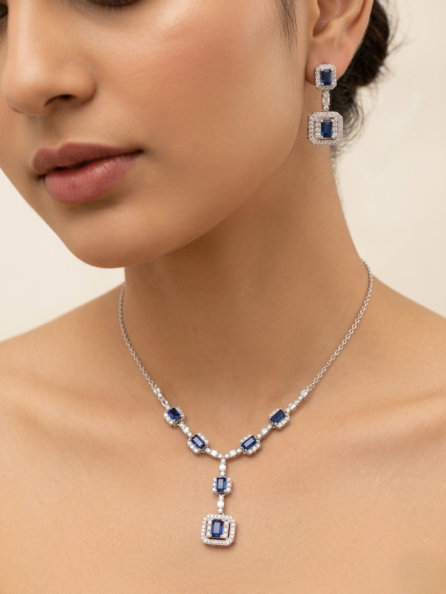 92.5 Sterling Silver Blue Sapphire Daimond Necklace Set