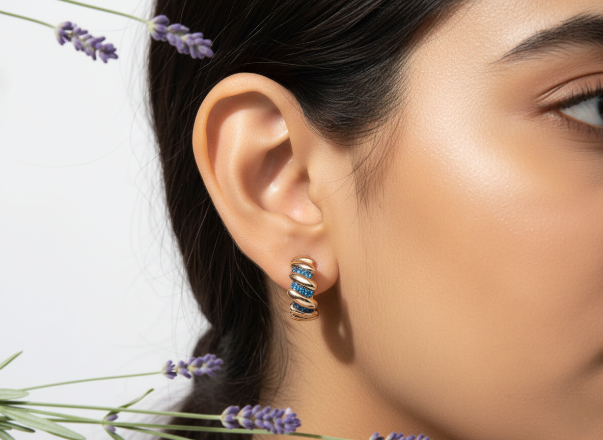 92.5 Sterling Silver Hoops with Blue Stone Earring