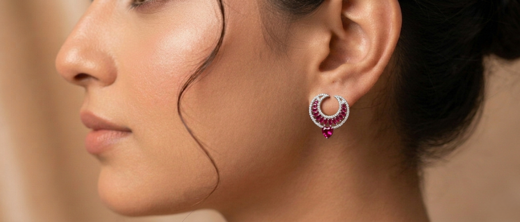 92.5 Sterling Silver half-moon Ruby Stone Hoop Earring