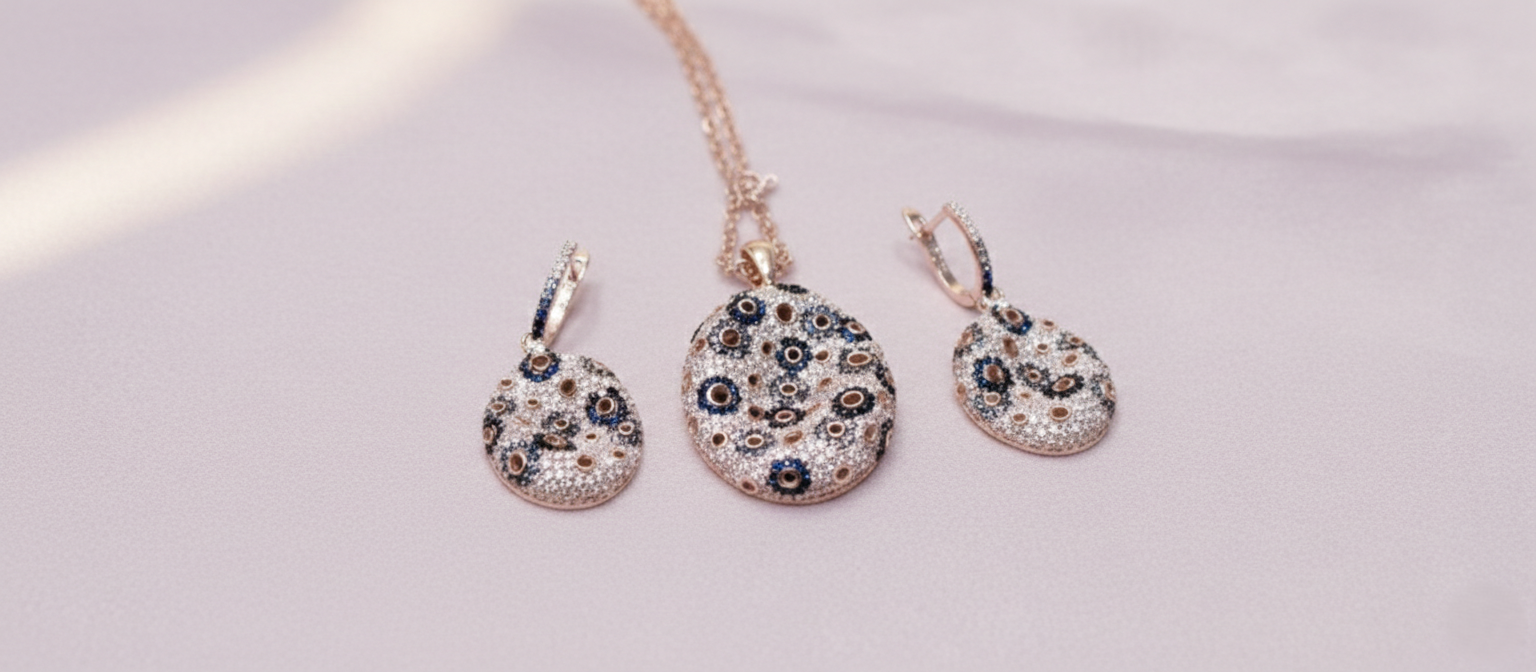 92.5 Silver rose gold finish Mosaic-style Pattern Pendant Set