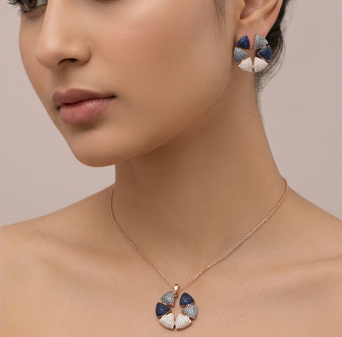 92.5 Sterling Silver Rose Gold Finish Circular Design Pendant Set