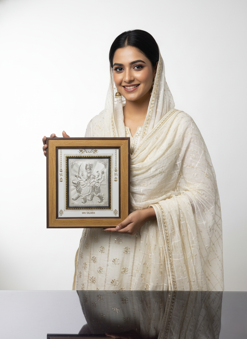 999 Pure Silver Maa Durga Photo Frame – Symbol of Power & Divine Protection 11x10 Inch