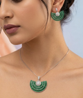 92.5 Sterling Silver Emerald Green Fan-Style Pendant Set (Without Chain)