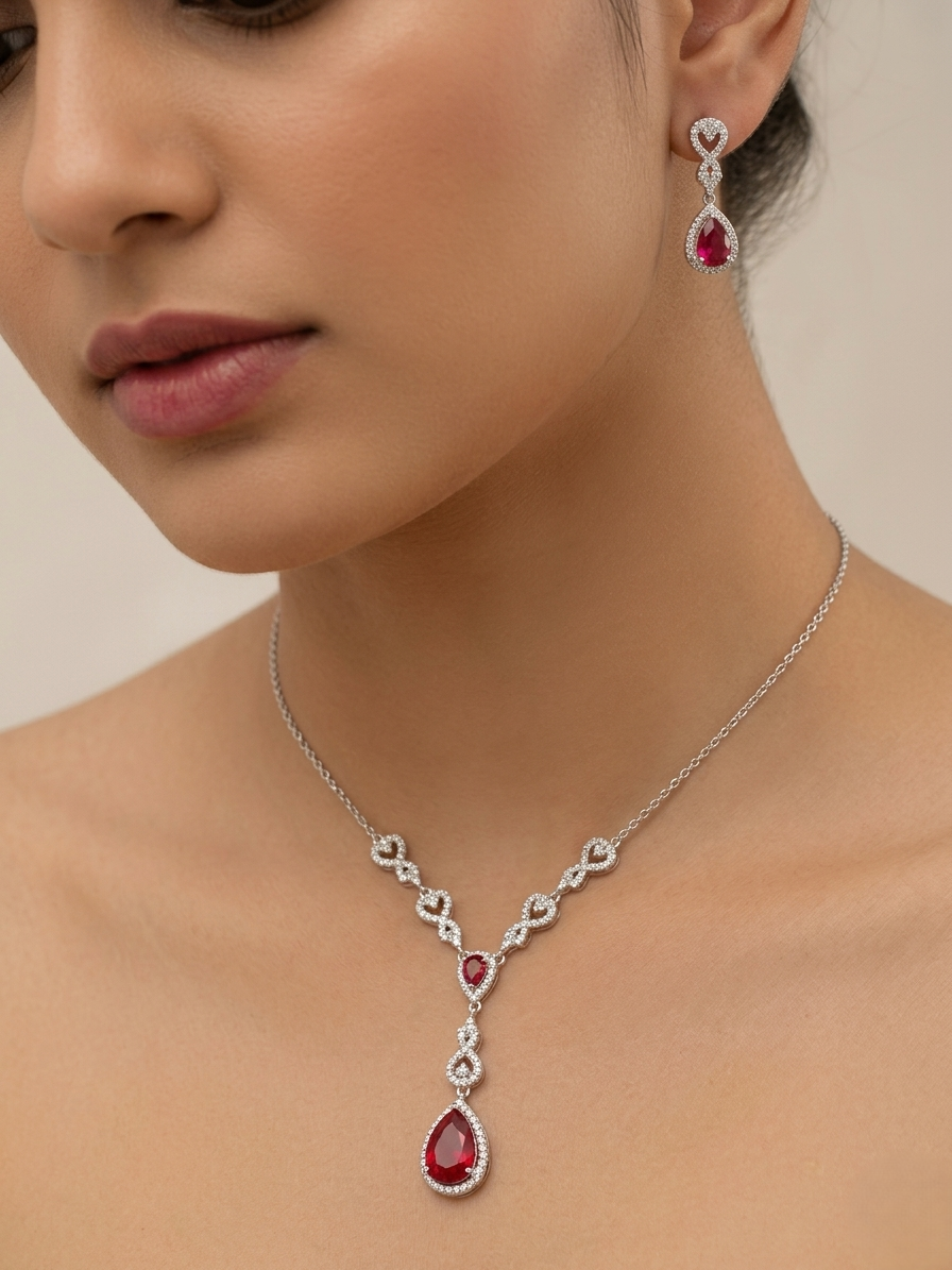 92.5 Sterling Silver teardrop red ruby necklace set