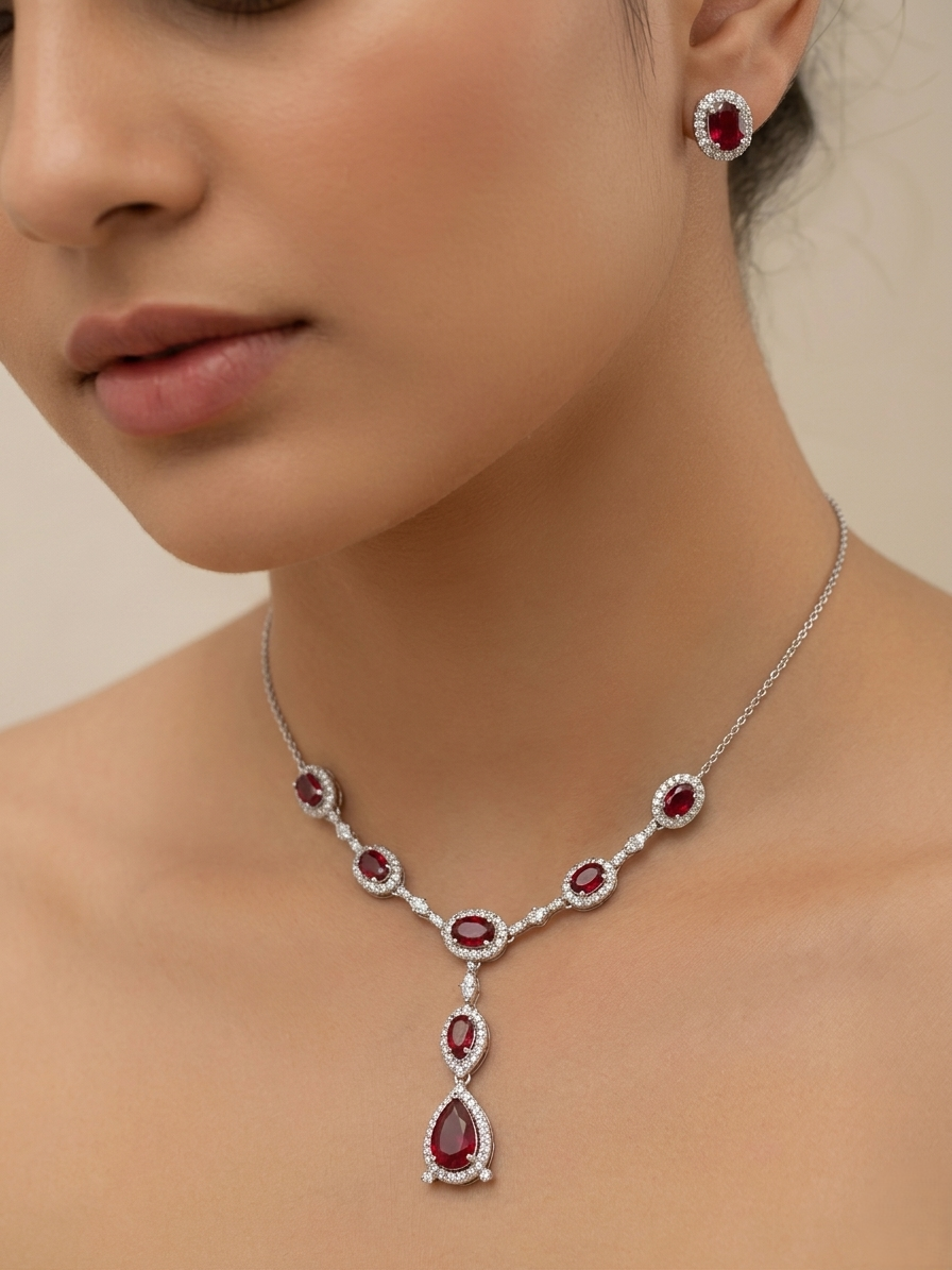 92.5 Sterling Silver Drop- shaped pink stone Necklace