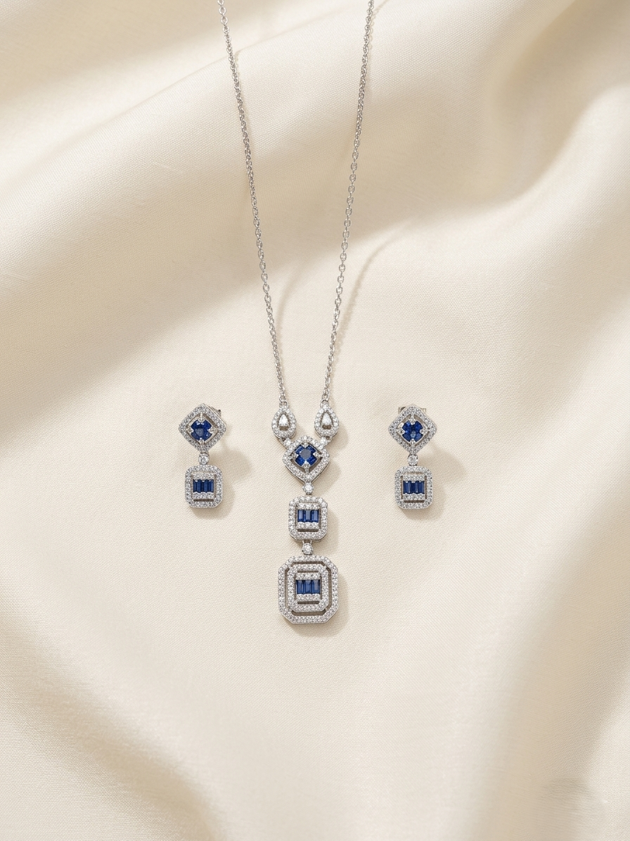 92.5 Sterling Silver Blue Sapphire Daimond Necklace Set