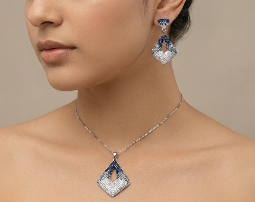 92.5 Sterling Silver Square-Ish Design White & Blue Stone Pendant Set