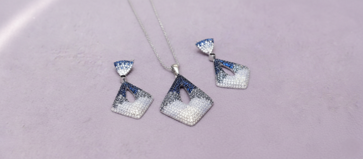 92.5 Sterling Silver Square-Ish Design White & Blue Stone Pendant Set