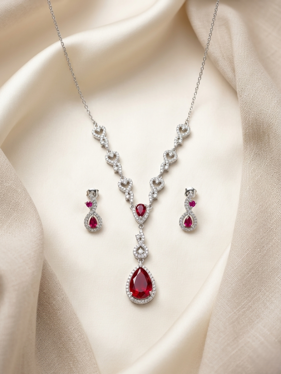92.5 Sterling Silver teardrop red ruby necklace set