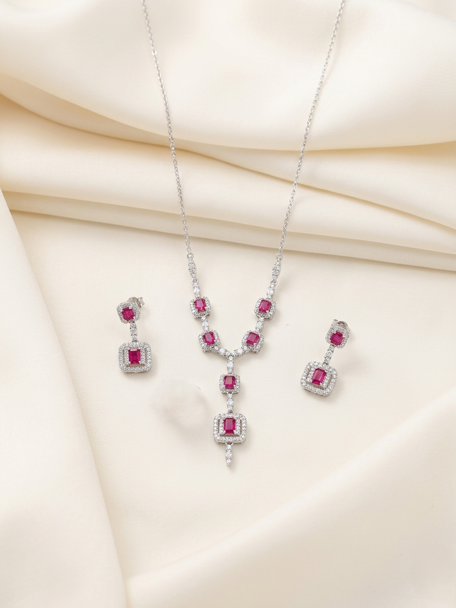 92.5 Sterling Silver Red & White American Diamond Necklace Set